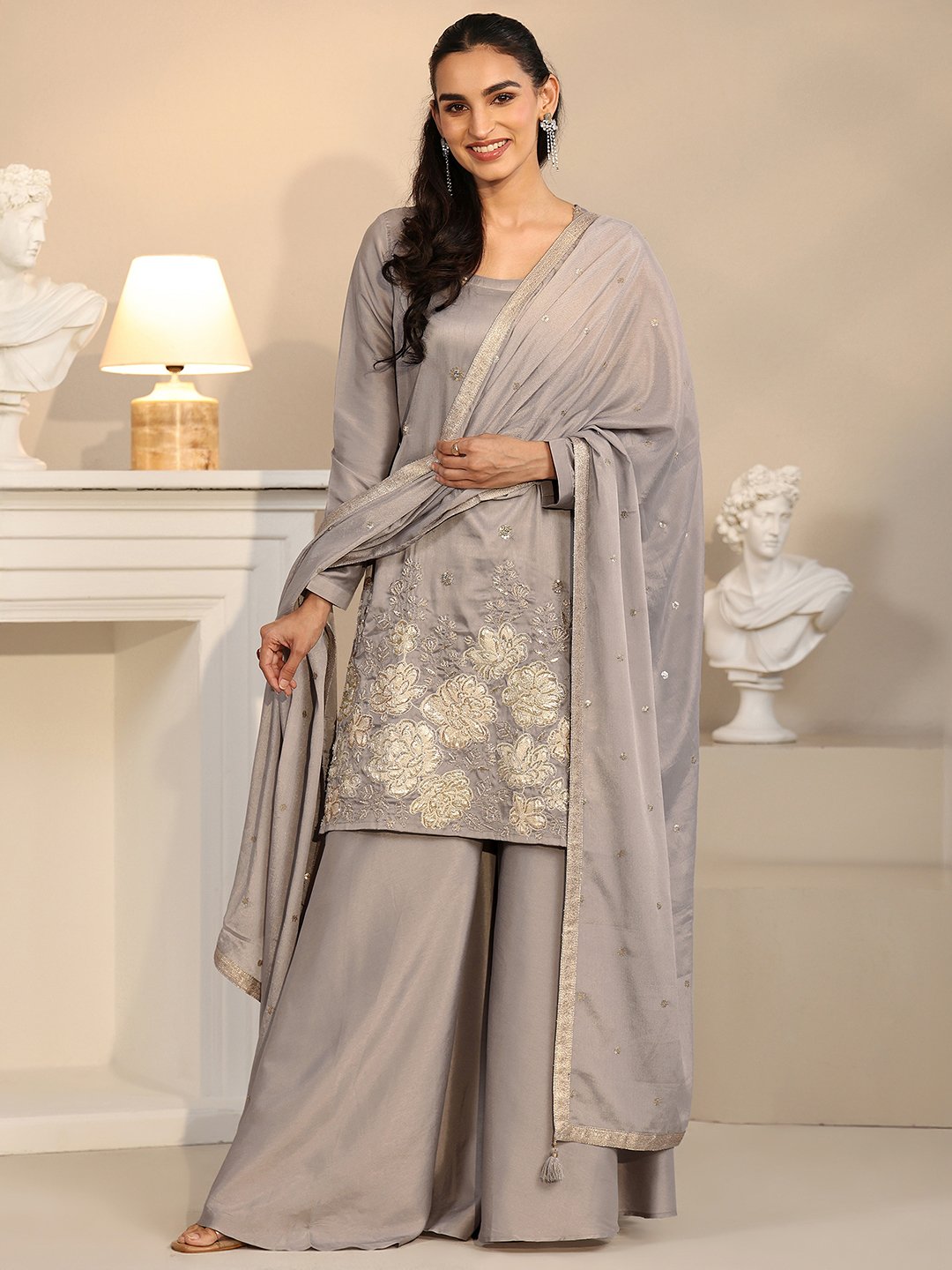 Grey Silk Blend Embroidered Kurta Sharara Set with Dupatta