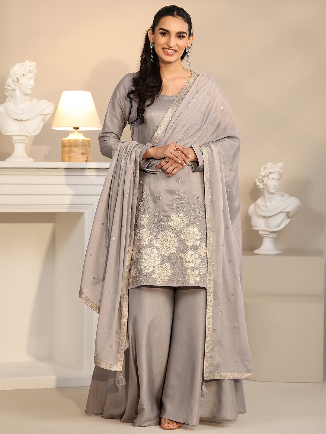 Grey Silk Blend Embroidered Kurta Sharara Set with Dupatta