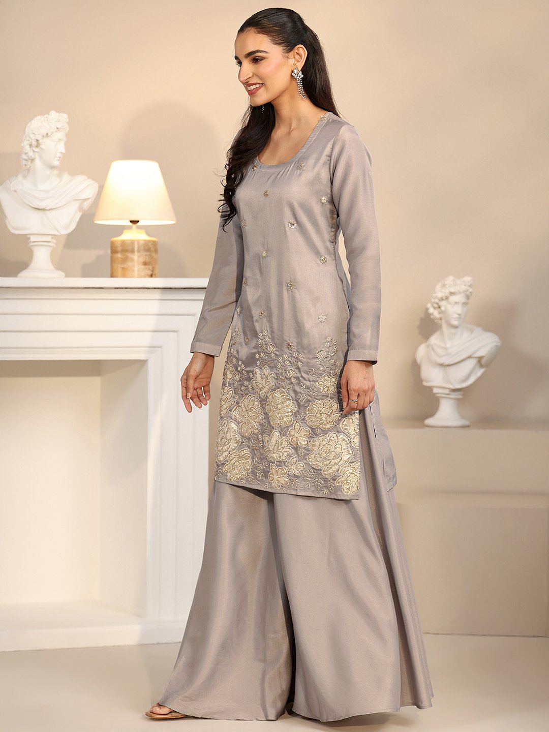 Grey Silk Blend Embroidered Kurta Sharara Set with Dupatta