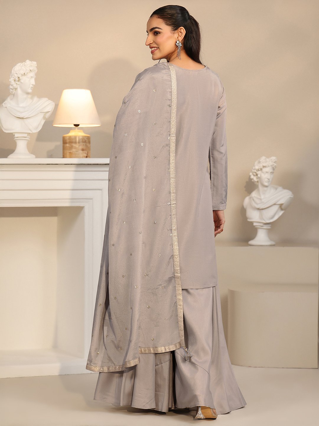 Grey Silk Blend Embroidered Kurta Sharara Set with Dupatta