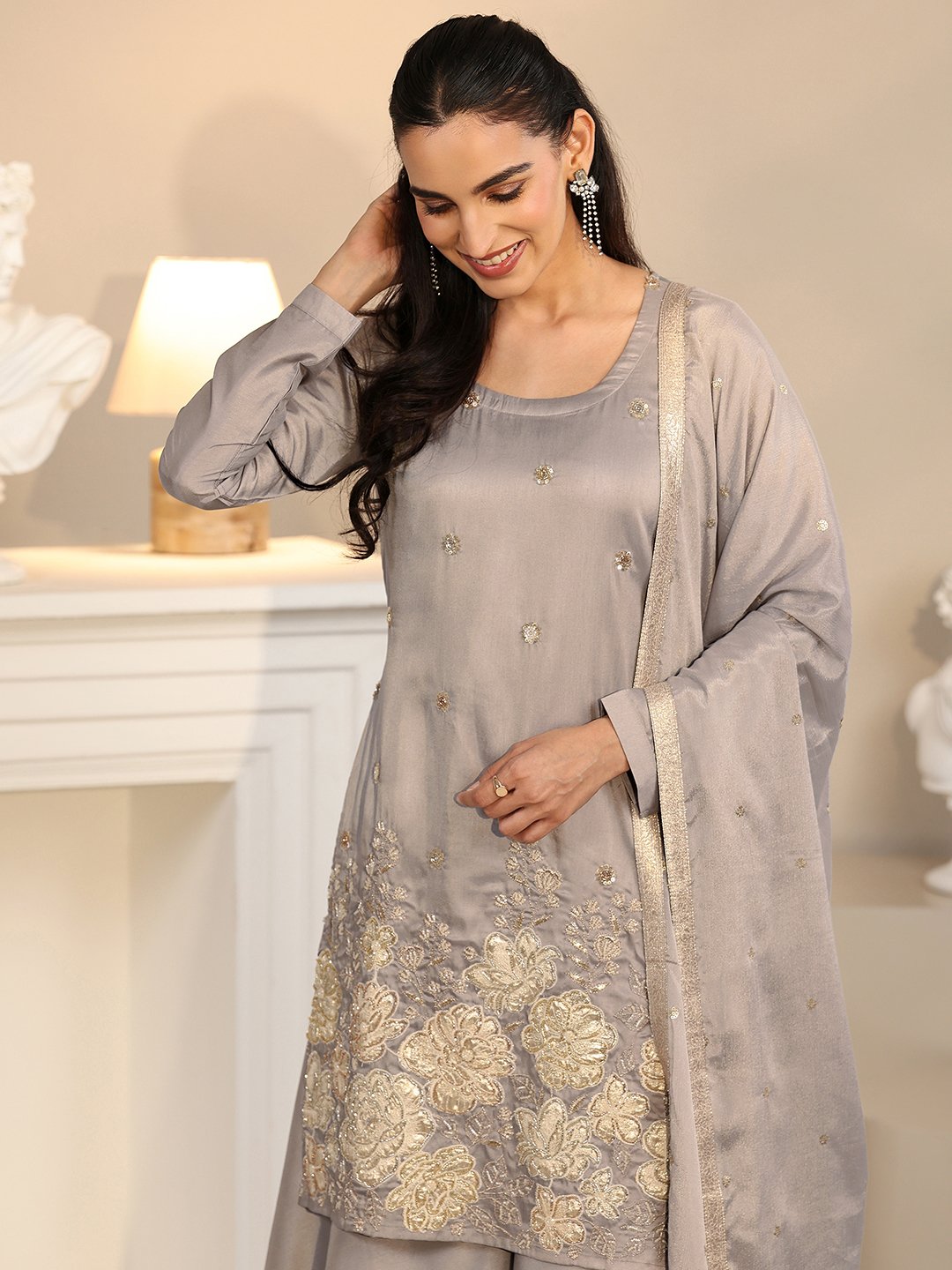 Grey Silk Blend Embroidered Kurta Sharara Set with Dupatta
