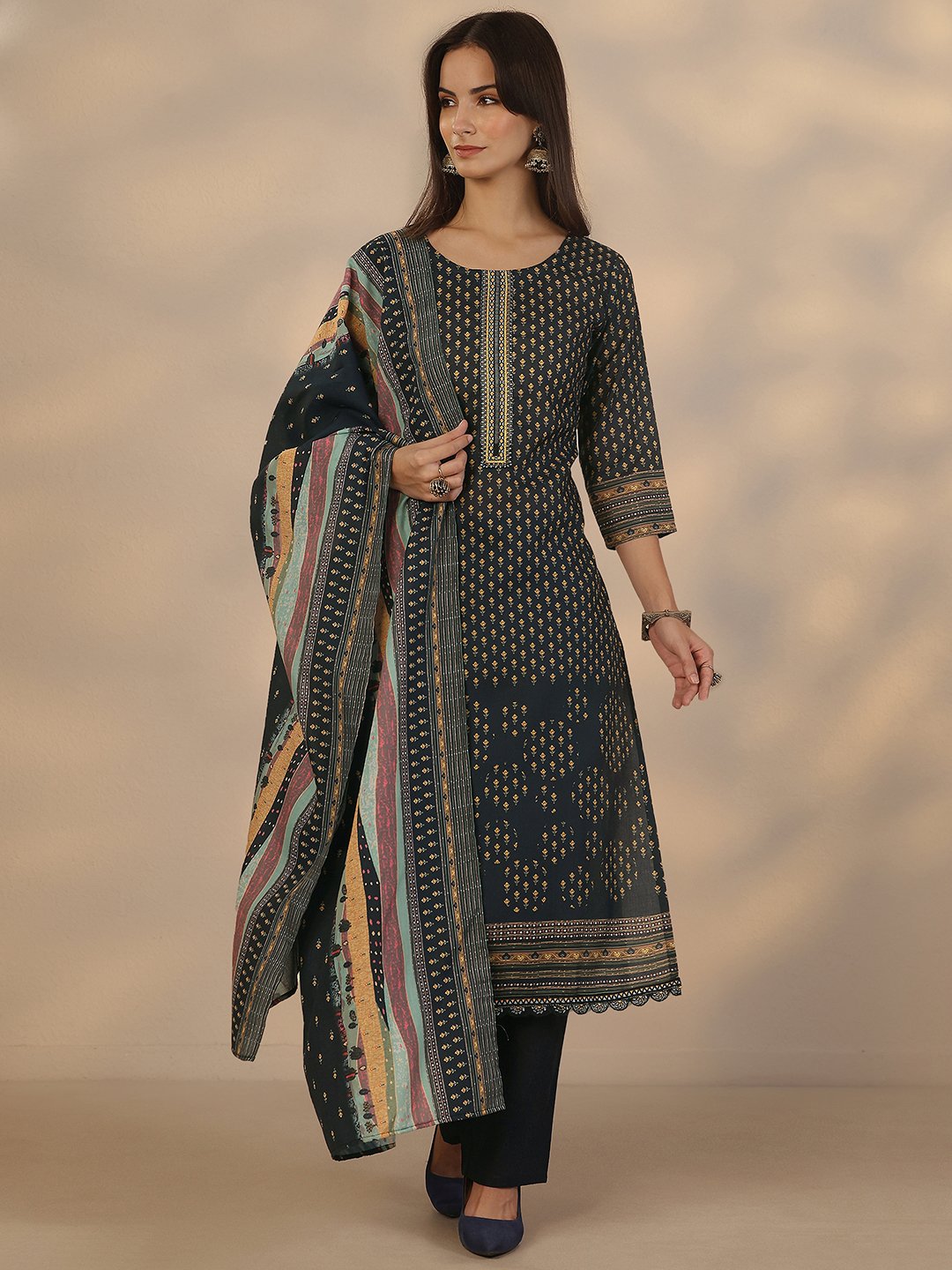 Navy Blue Printed Cotton Kurta Set with Trousers and Dupatta