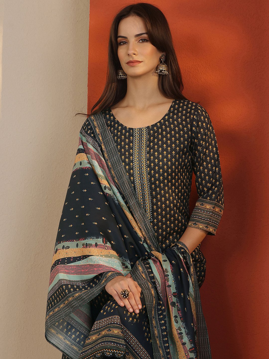 Navy Blue Printed Cotton Kurta Set with Trousers and Dupatta