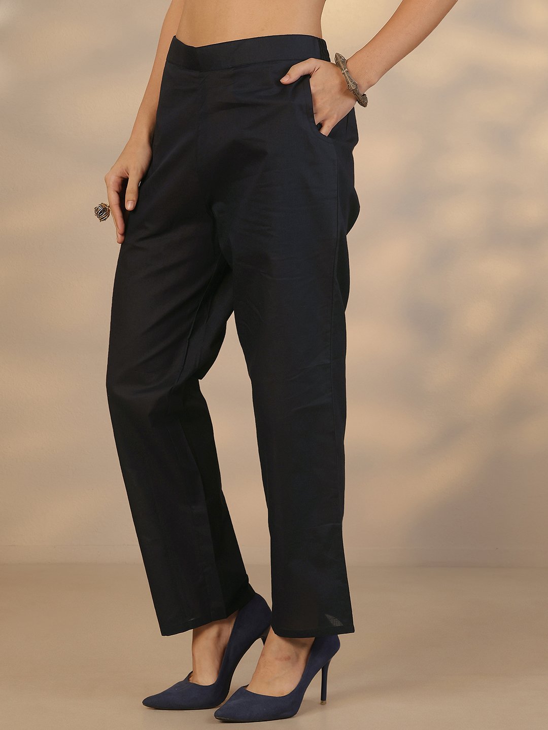 Navy Blue Printed Cotton Kurta Set with Trousers and Dupatta