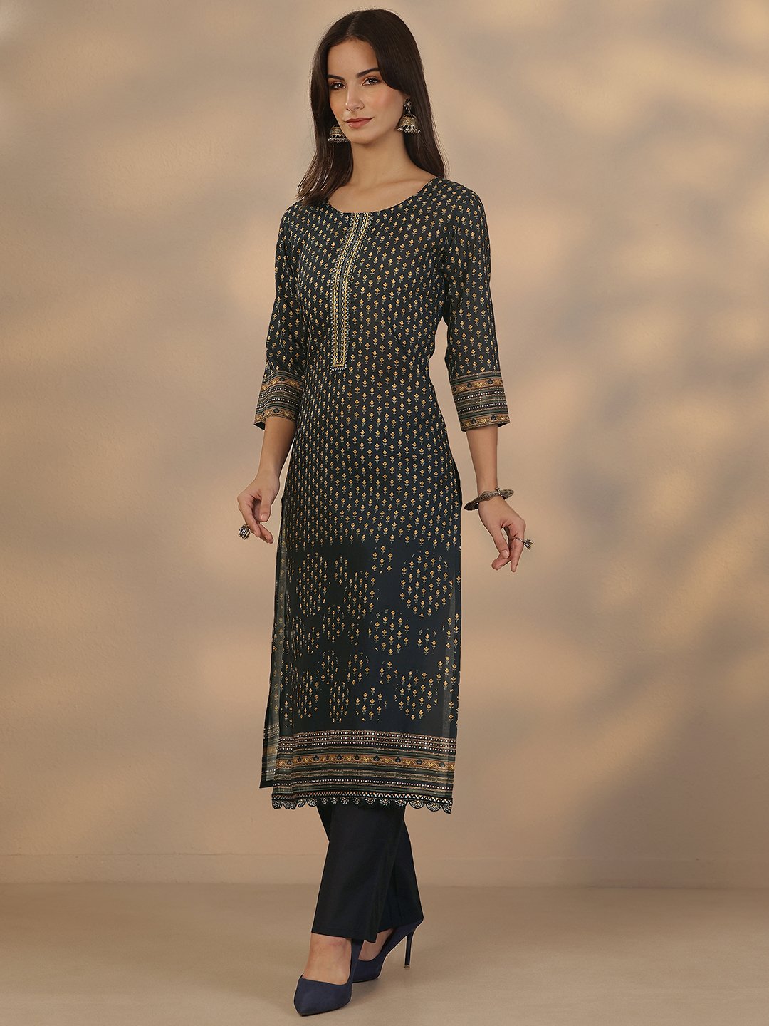 Navy Blue Printed Cotton Kurta Set with Trousers and Dupatta