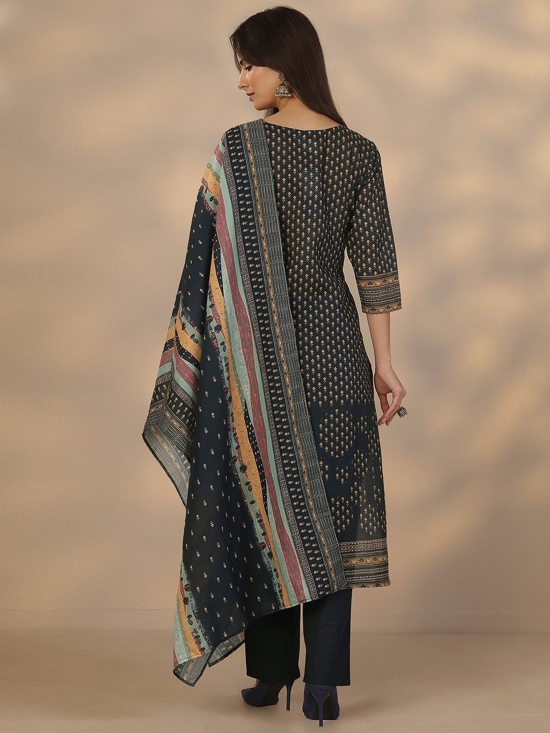 Navy Blue Printed Cotton Kurta Set with Trousers and Dupatta