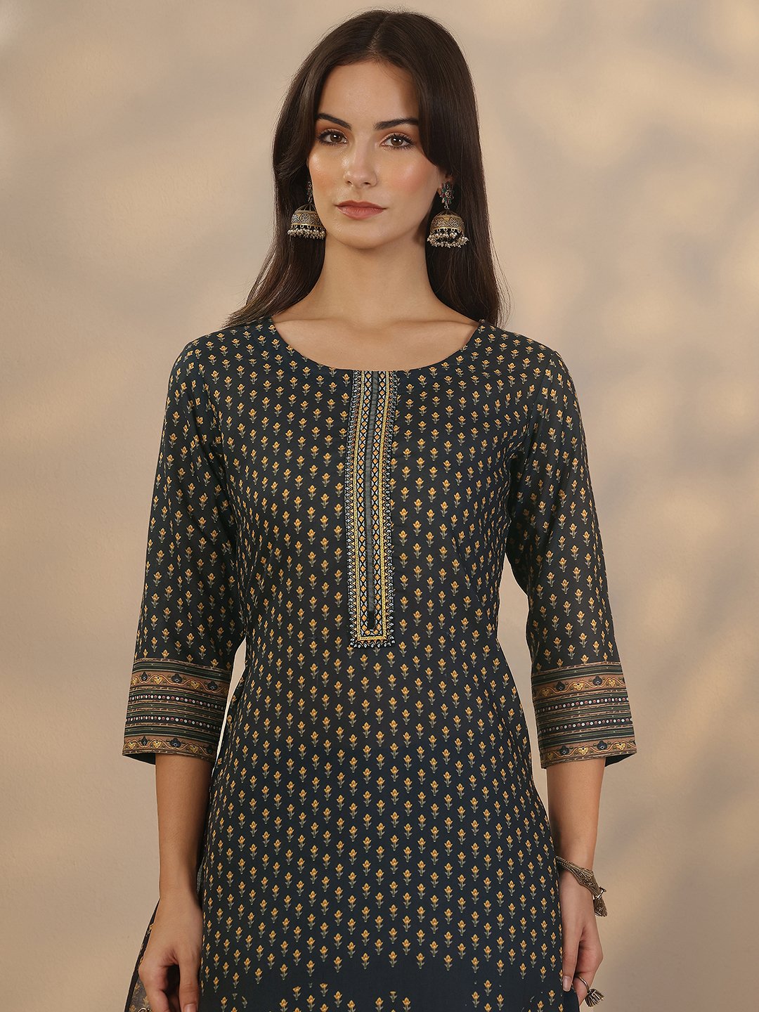 Navy Blue Printed Cotton Kurta Set with Trousers and Dupatta