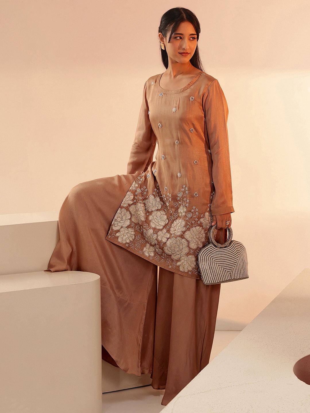 Brown Silk Blend Embroidered Kurta Set with Palazzo