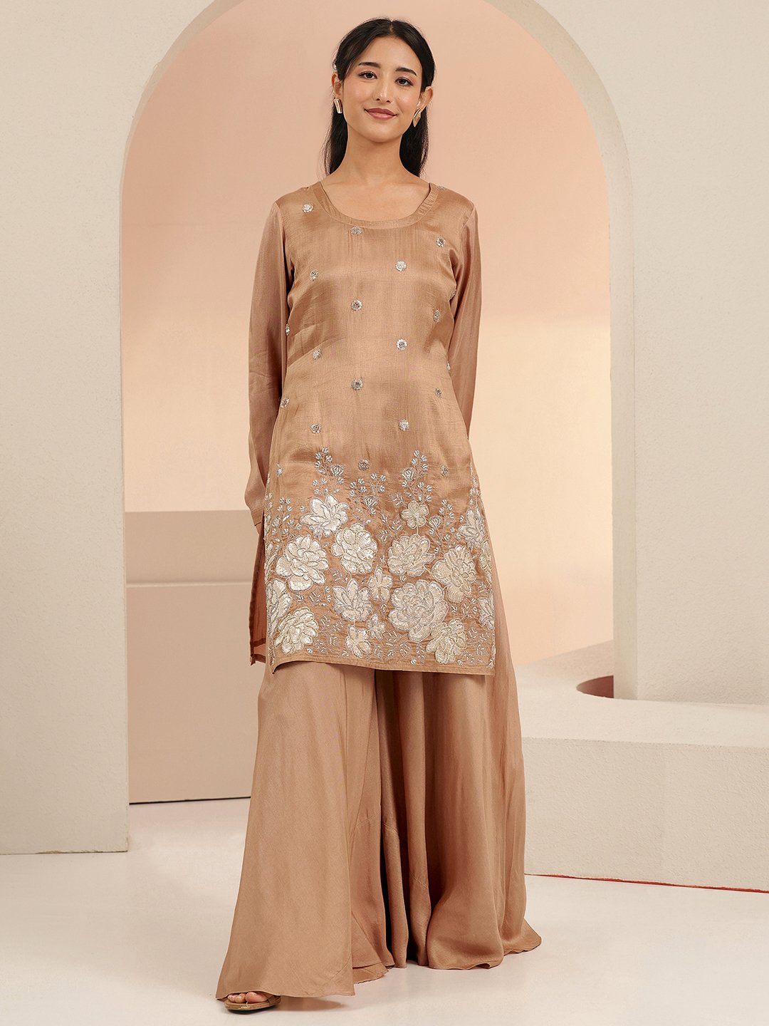 Brown Silk Blend Embroidered Kurta Set with Palazzo