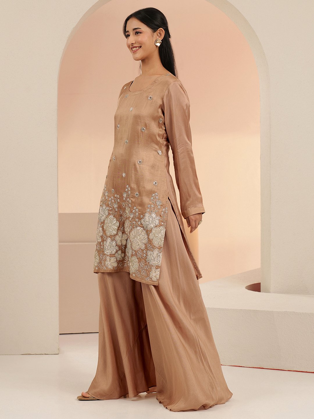 Brown Silk Blend Embroidered Kurta Set with Palazzo
