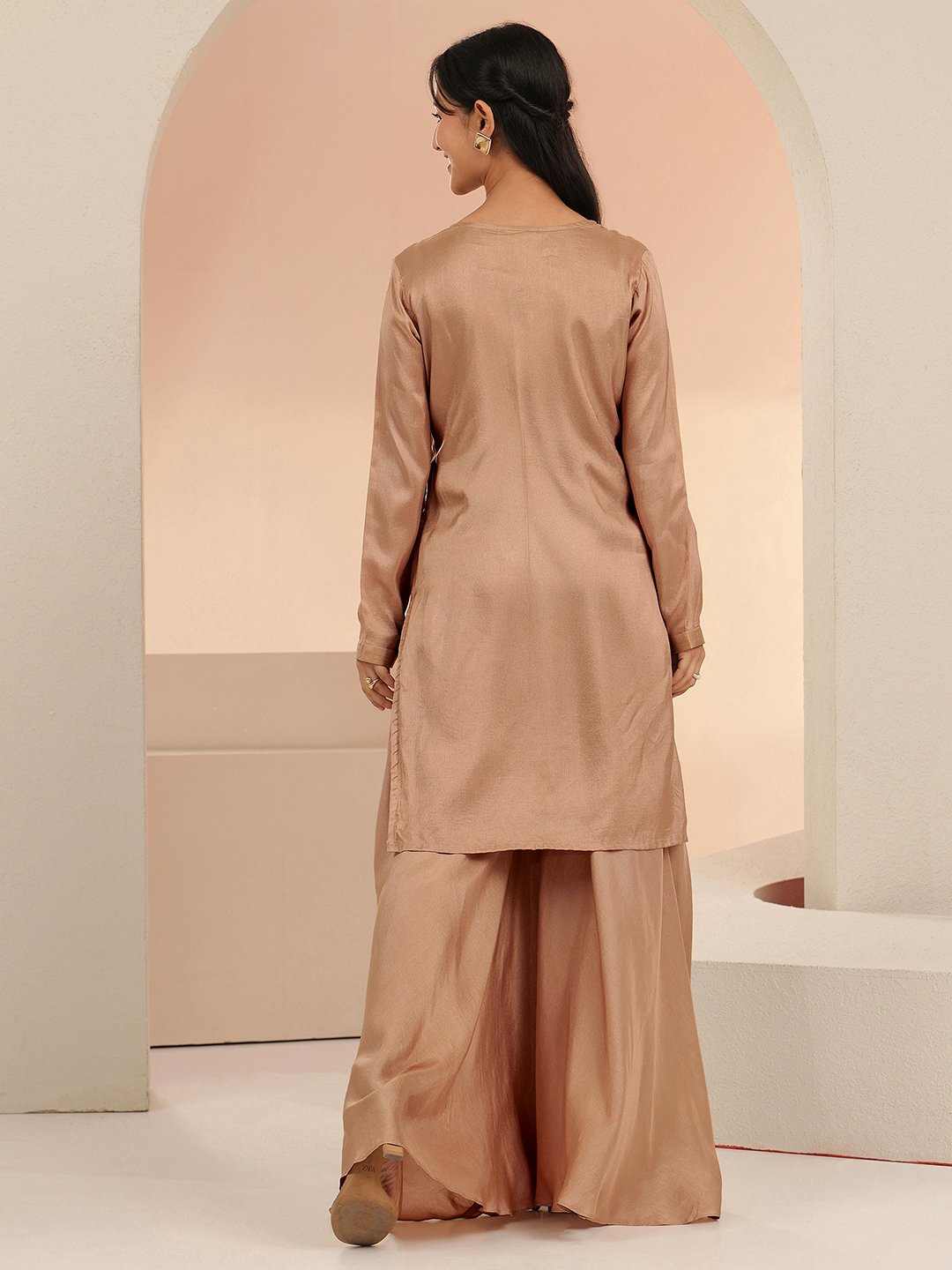 Brown Silk Blend Embroidered Kurta Set with Palazzo