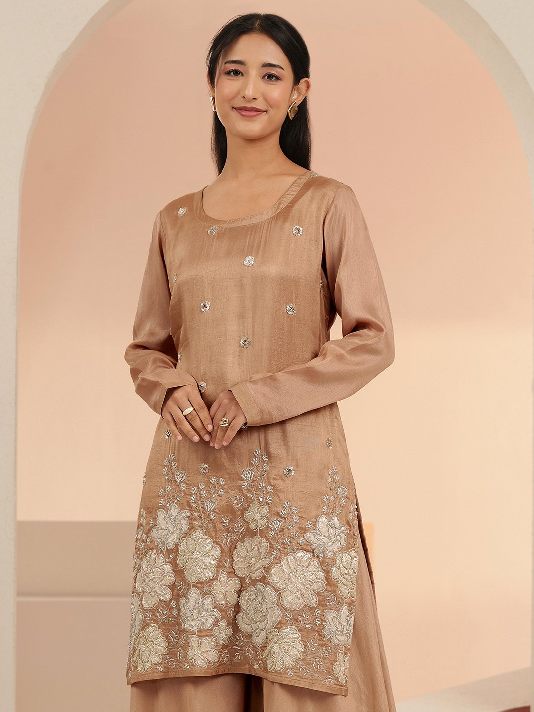 Brown Silk Blend Embroidered Kurta Set with Palazzo