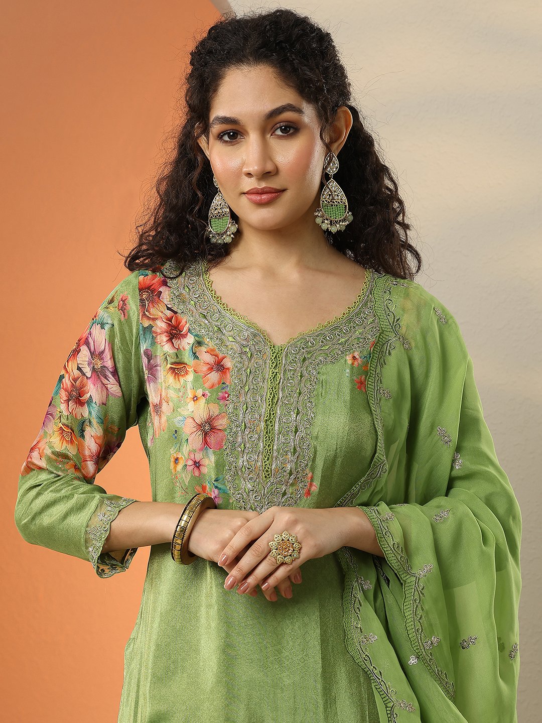 Green Embroidered Crepe Kurta Set with Trousers and Dupatta
