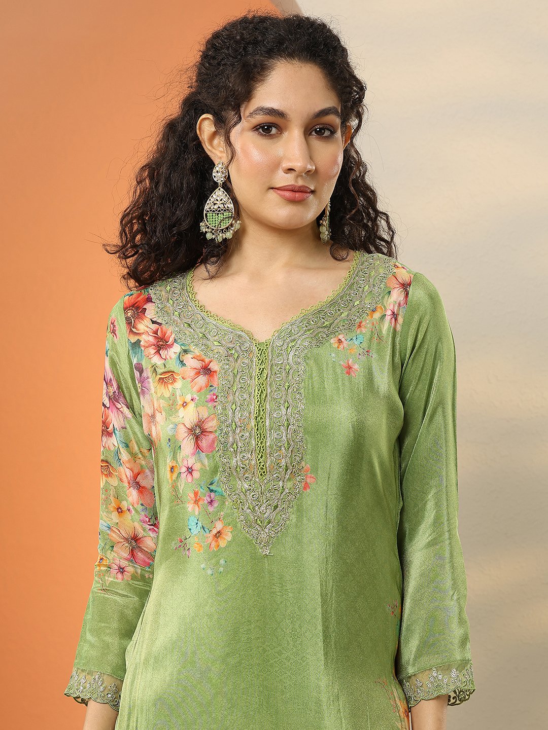 Green Embroidered Crepe Kurta Set with Trousers and Dupatta