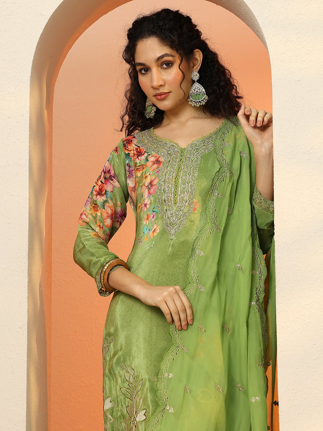 Green Embroidered Crepe Kurta Set with Trousers and Dupatta