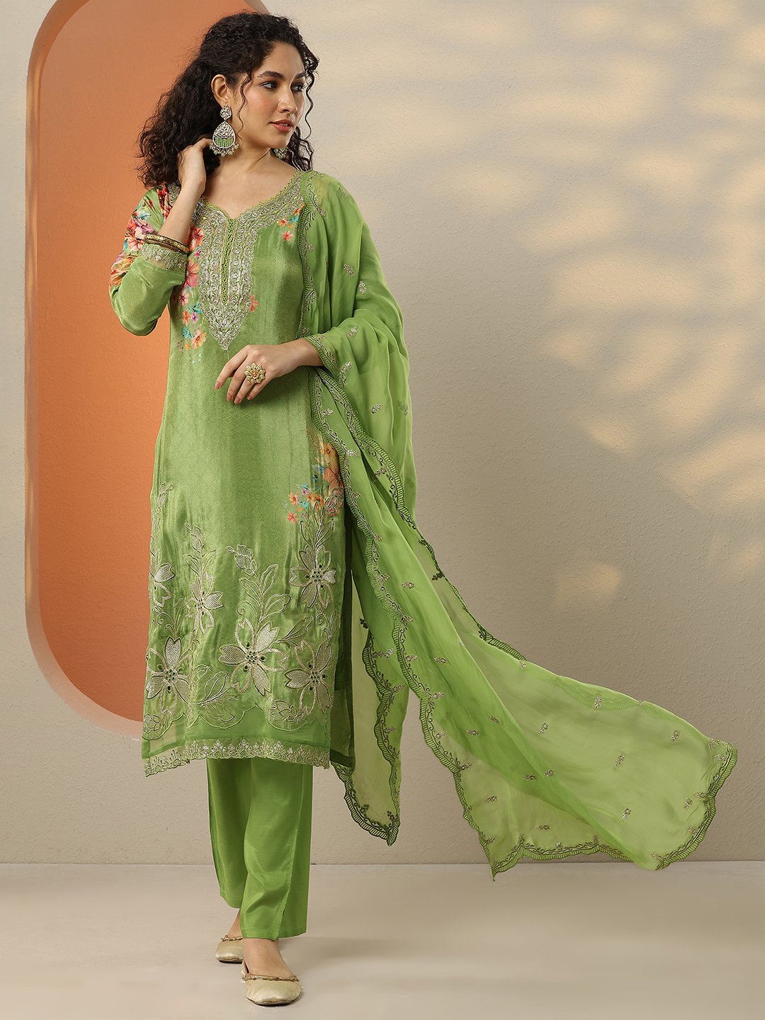 Green Embroidered Crepe Kurta Set with Trousers and Dupatta