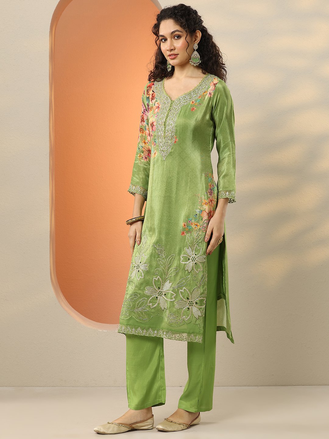 Green Embroidered Crepe Kurta Set with Trousers and Dupatta