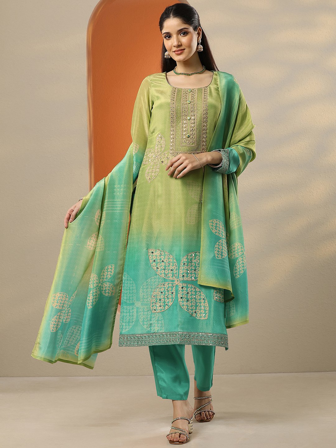 Green Embroidered Kurta Set with Dupatta and Trousers
