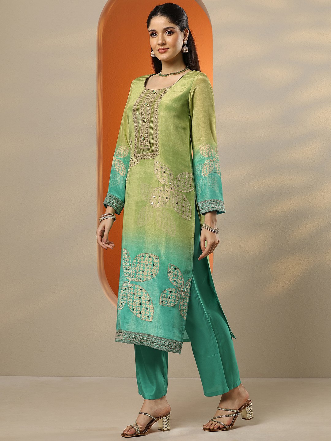 Green Embroidered Kurta Set with Dupatta and Trousers