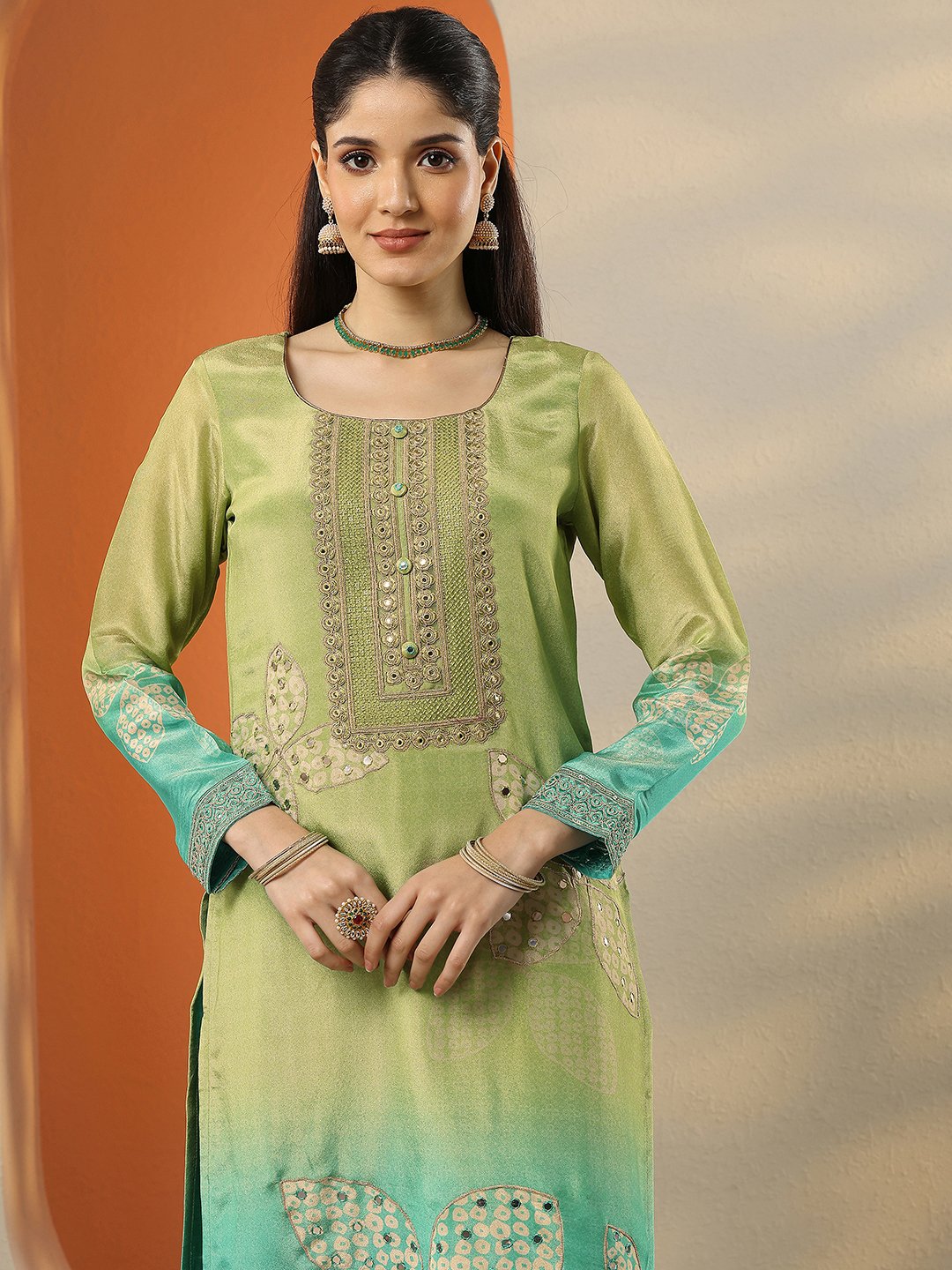 Green Embroidered Kurta Set with Dupatta and Trousers