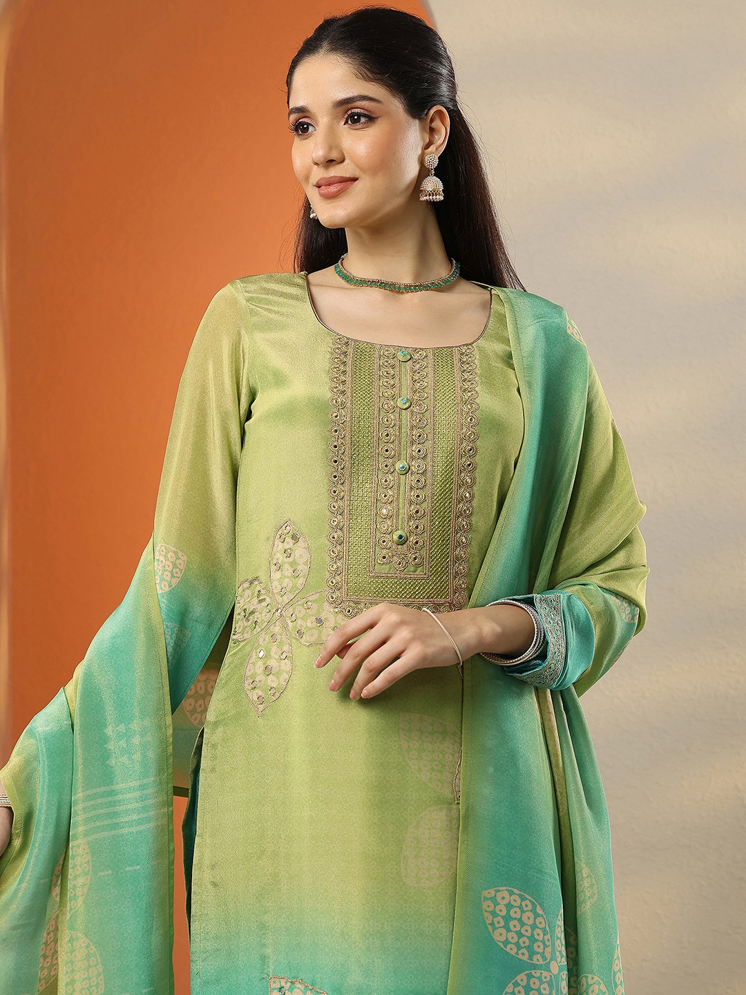 Green Embroidered Kurta Set with Dupatta and Trousers