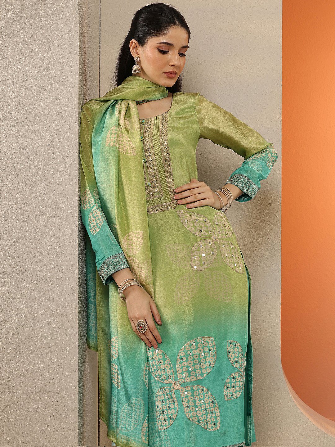 Green Embroidered Kurta Set with Dupatta and Trousers