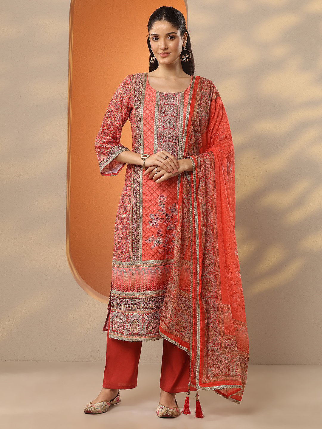 Orange Printed Silk Blend Kurta Set with Trousers and Dupatta