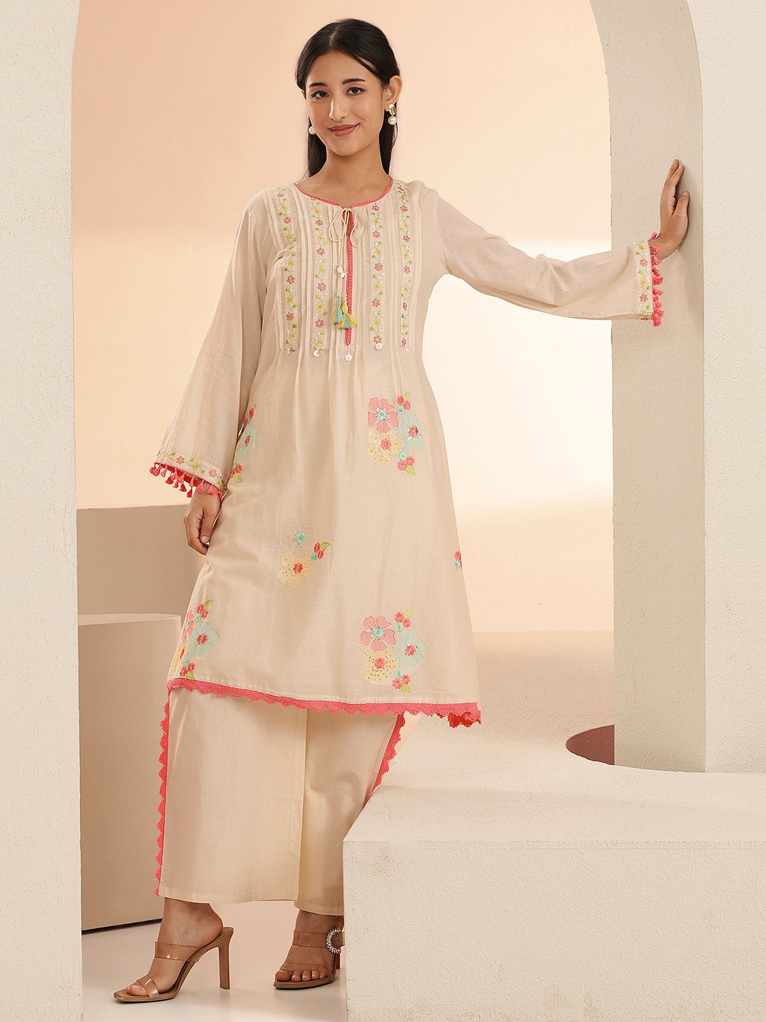Off-White Embroidered A-Line Kurta and Palazzo Set
