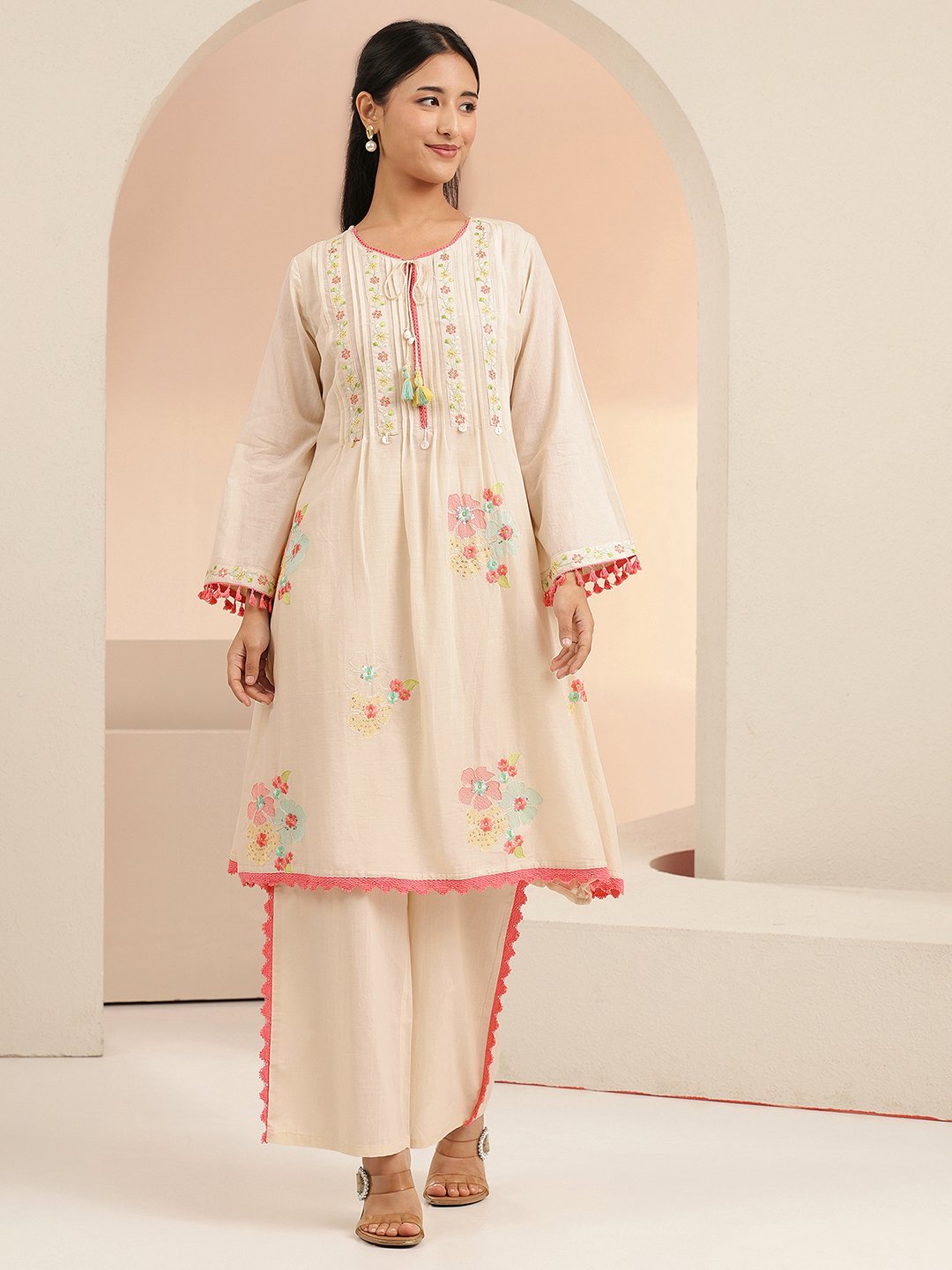 Off-White Embroidered A-Line Kurta and Palazzo Set