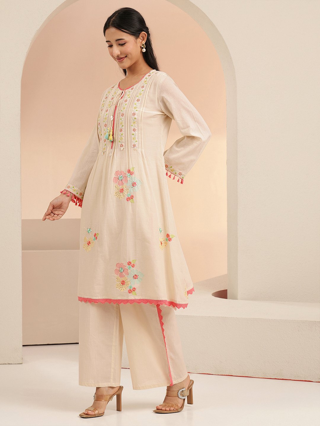 Off-White Embroidered A-Line Kurta and Palazzo Set