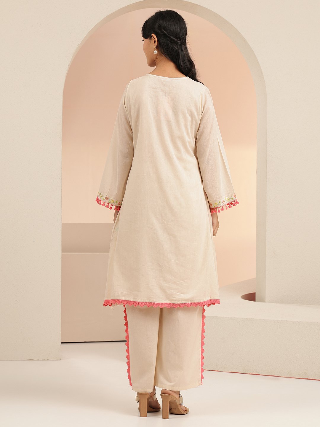 Off-White Embroidered A-Line Kurta and Palazzo Set