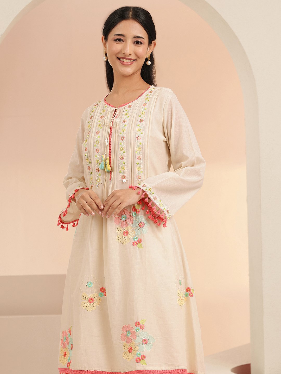 Off-White Embroidered A-Line Kurta and Palazzo Set