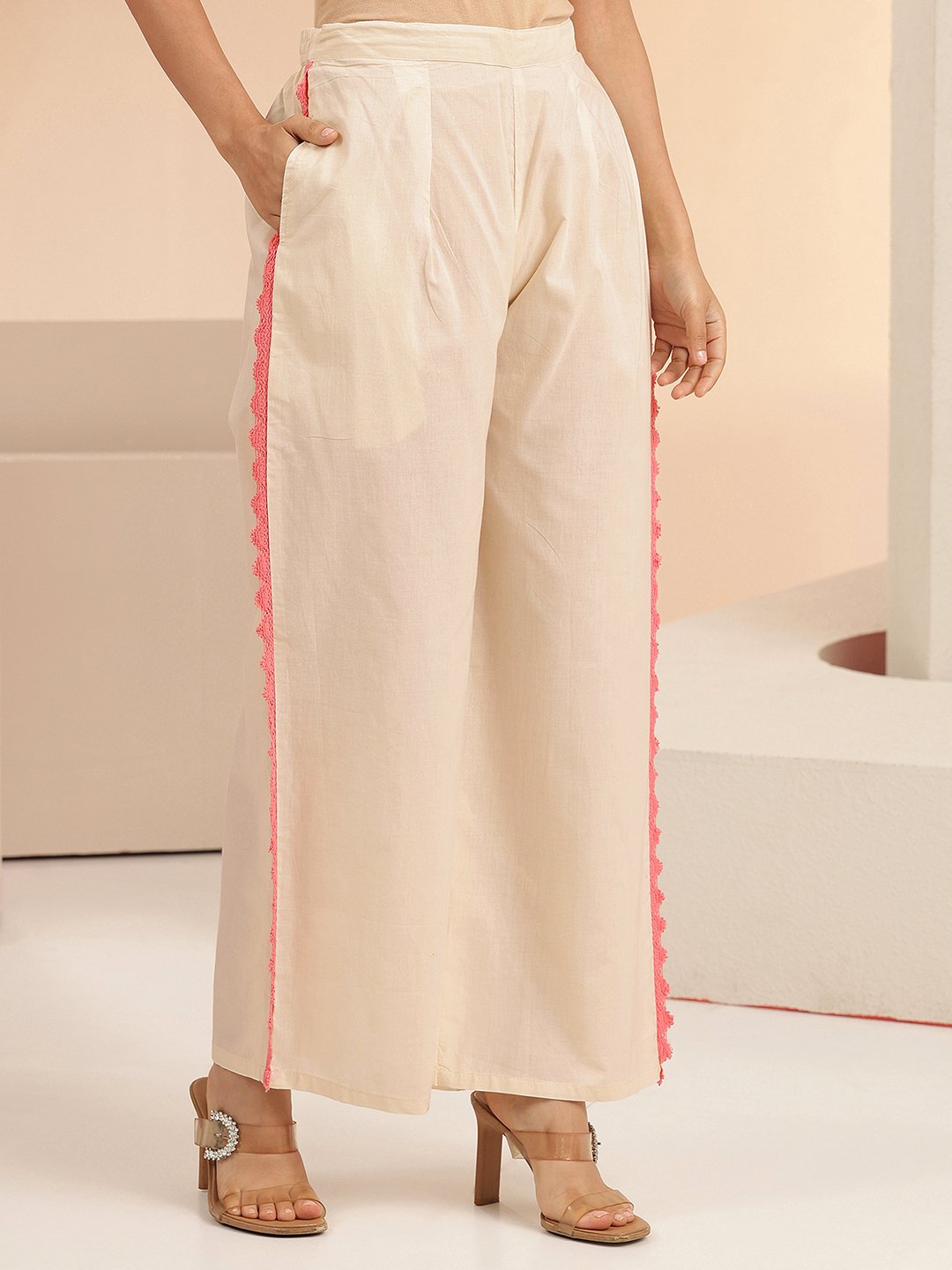 Off-White Embroidered A-Line Kurta and Palazzo Set