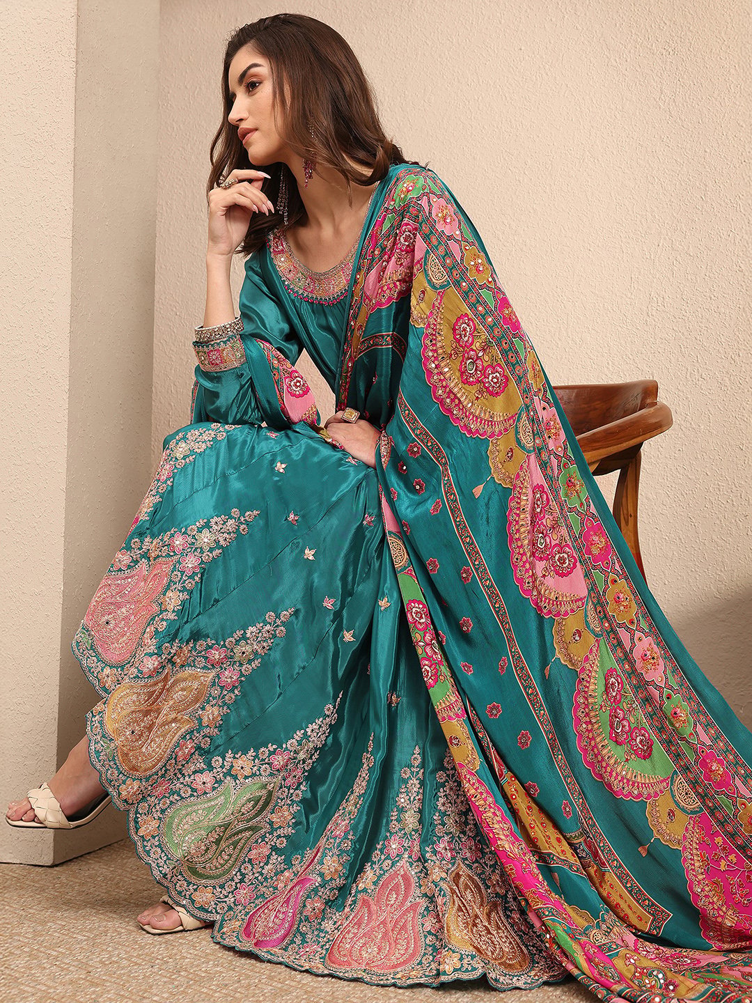 Teal Embroidered Crepe Kurta Set with Dupatta