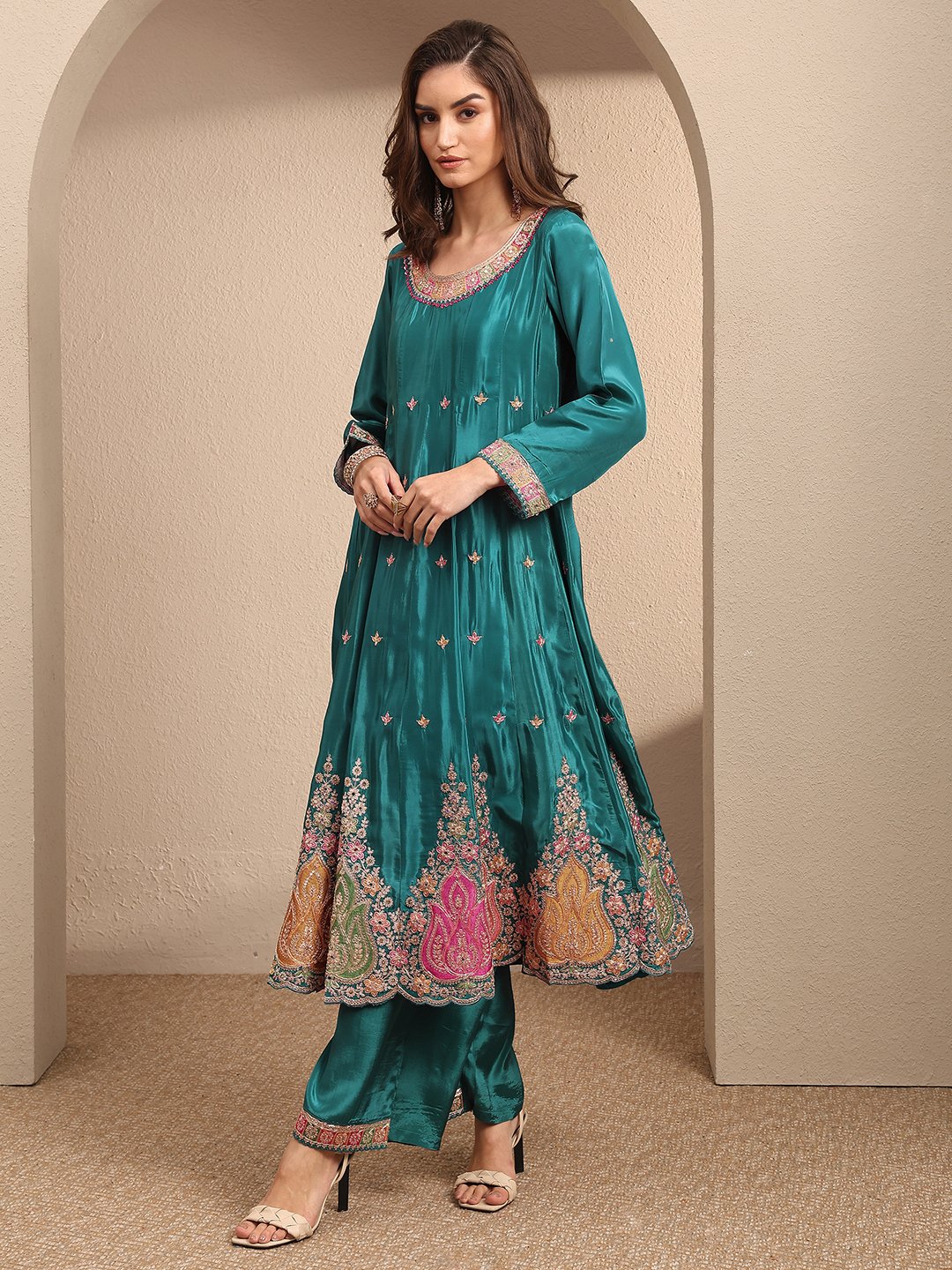 Teal Embroidered Crepe Kurta Set with Dupatta
