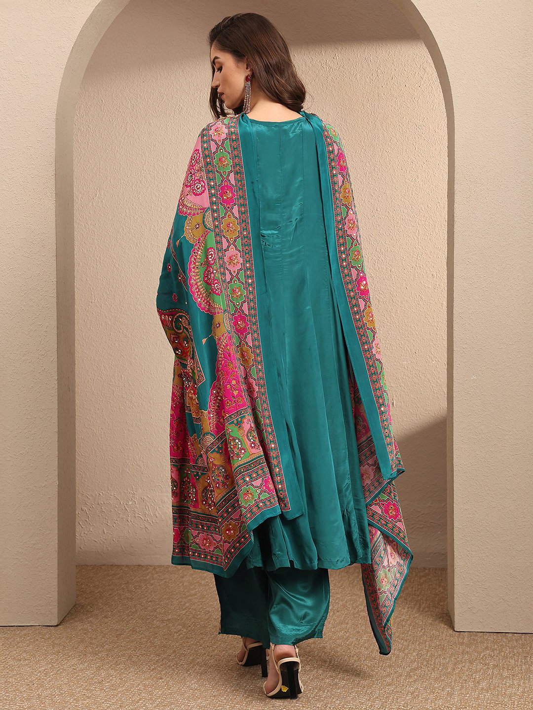Teal Embroidered Crepe Kurta Set with Dupatta