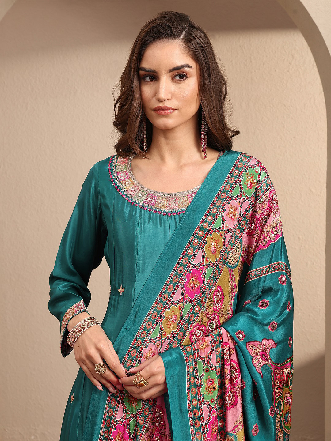 Teal Embroidered Crepe Kurta Set with Dupatta