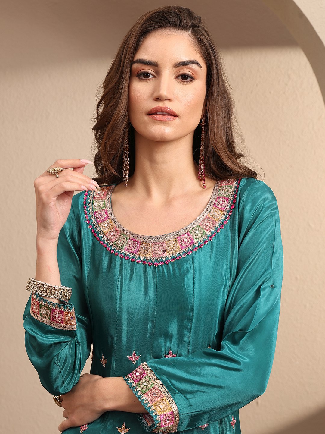 Teal Embroidered Crepe Kurta Set with Dupatta