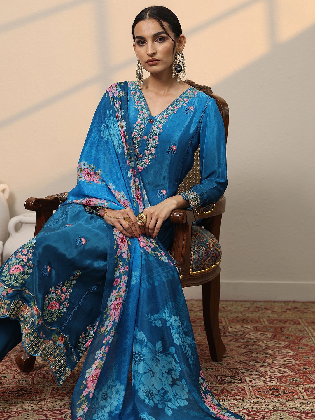 Festive Blue Embroidered Crepe Kurta Set with Trousers and Floral Dupatta