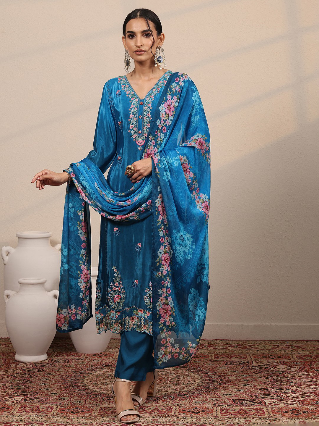 Festive Blue Embroidered Crepe Kurta Set with Trousers and Floral Dupatta