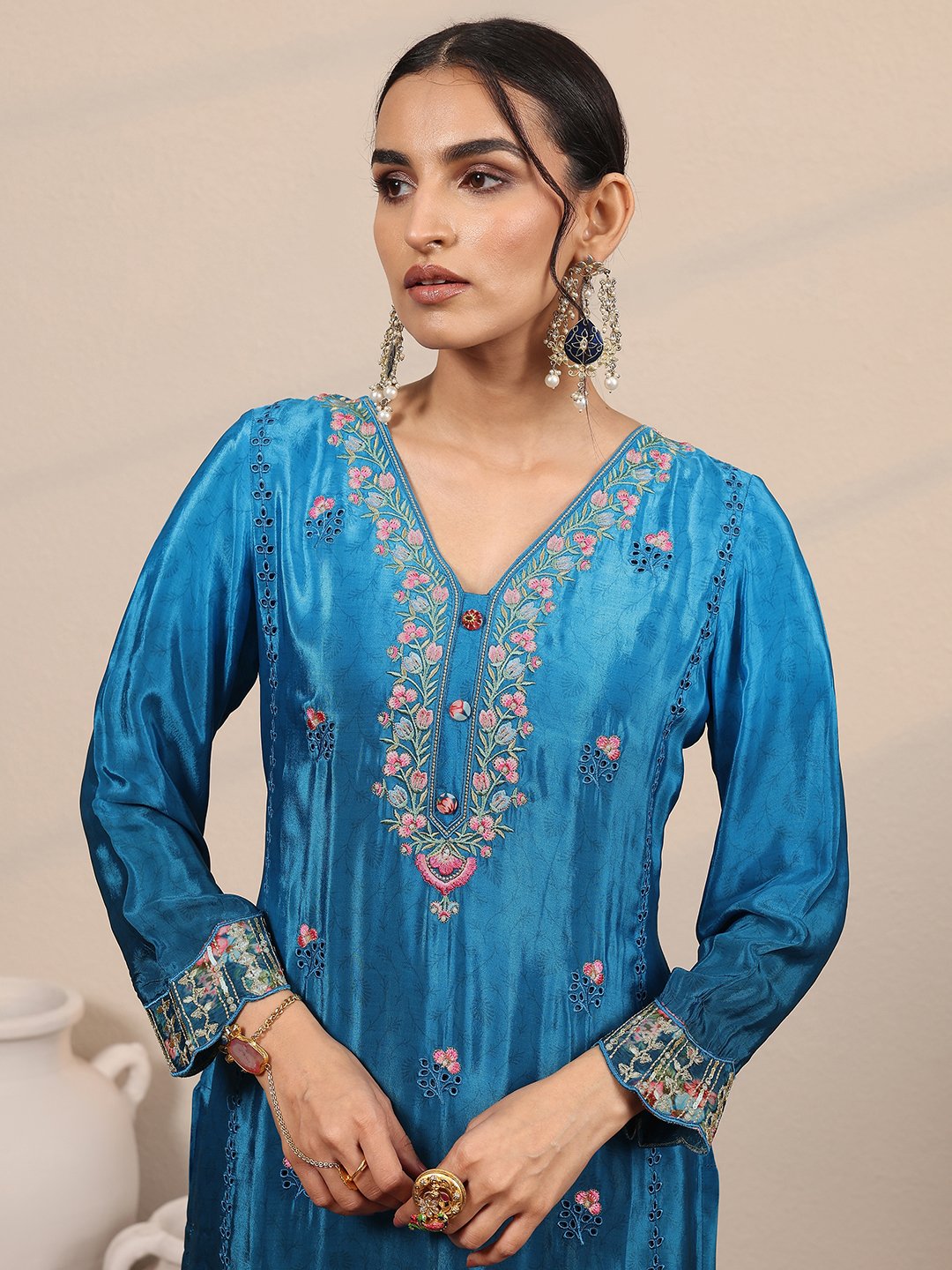 Festive Blue Embroidered Crepe Kurta Set with Trousers and Floral Dupatta