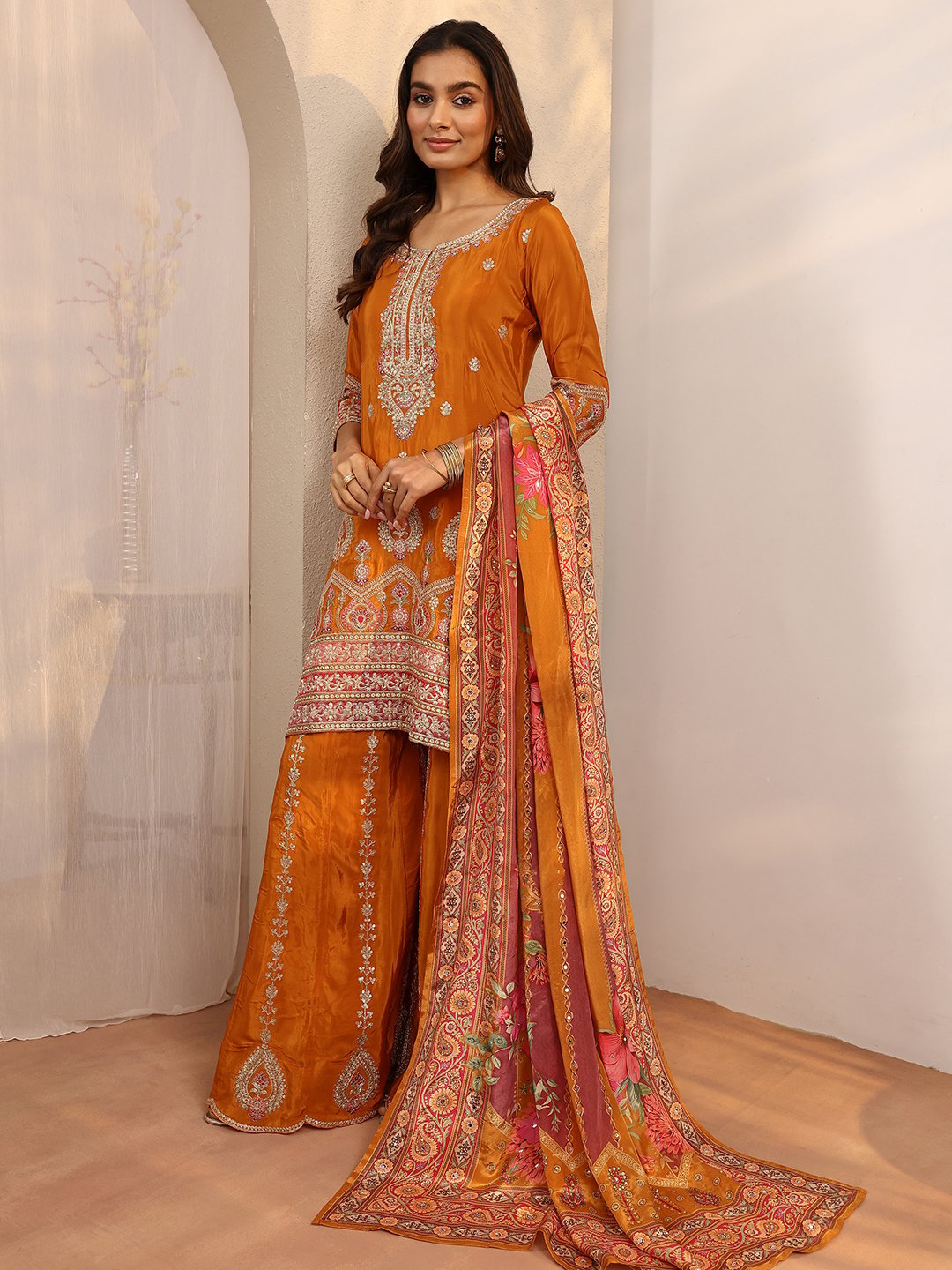 Orange Embroidered Crepe Kurta Set with Straight Trousers and Floral Dupatta