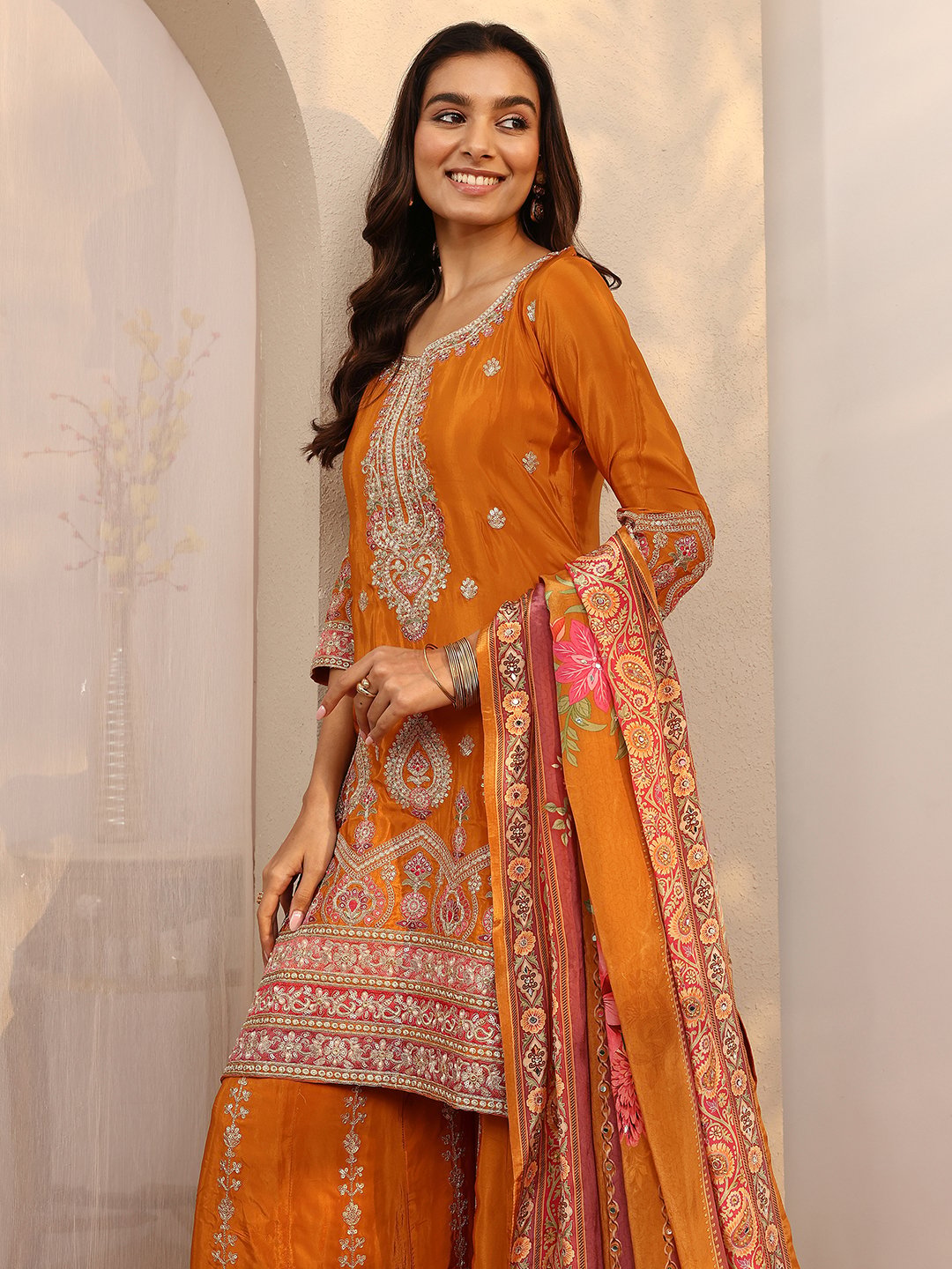 Orange Embroidered Crepe Kurta Set with Straight Trousers and Floral Dupatta