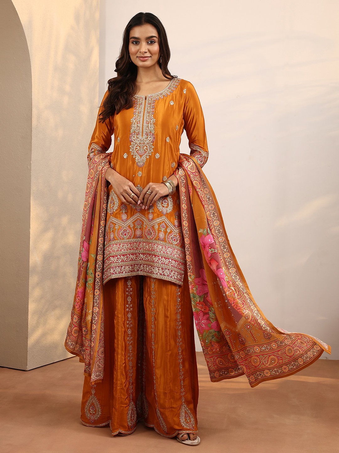 Orange Embroidered Crepe Kurta Set with Straight Trousers and Floral Dupatta