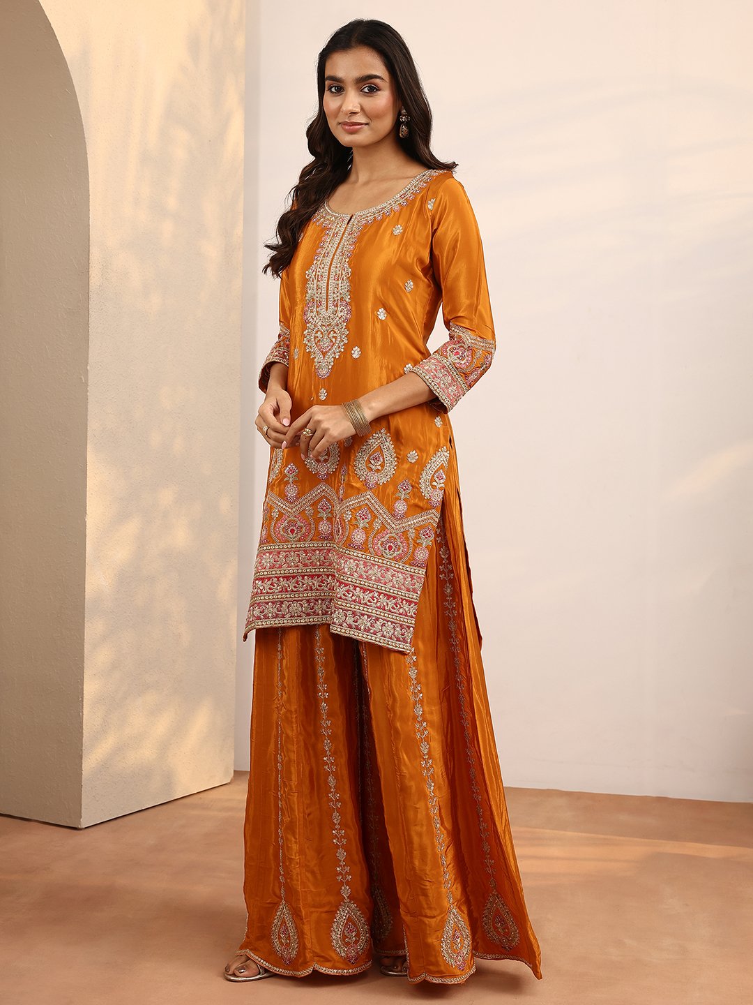 Orange Embroidered Crepe Kurta Set with Straight Trousers and Floral Dupatta