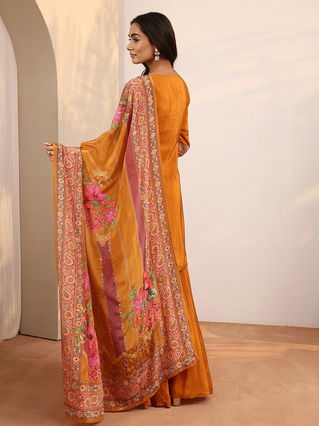 Orange Embroidered Crepe Kurta Set with Straight Trousers and Floral Dupatta