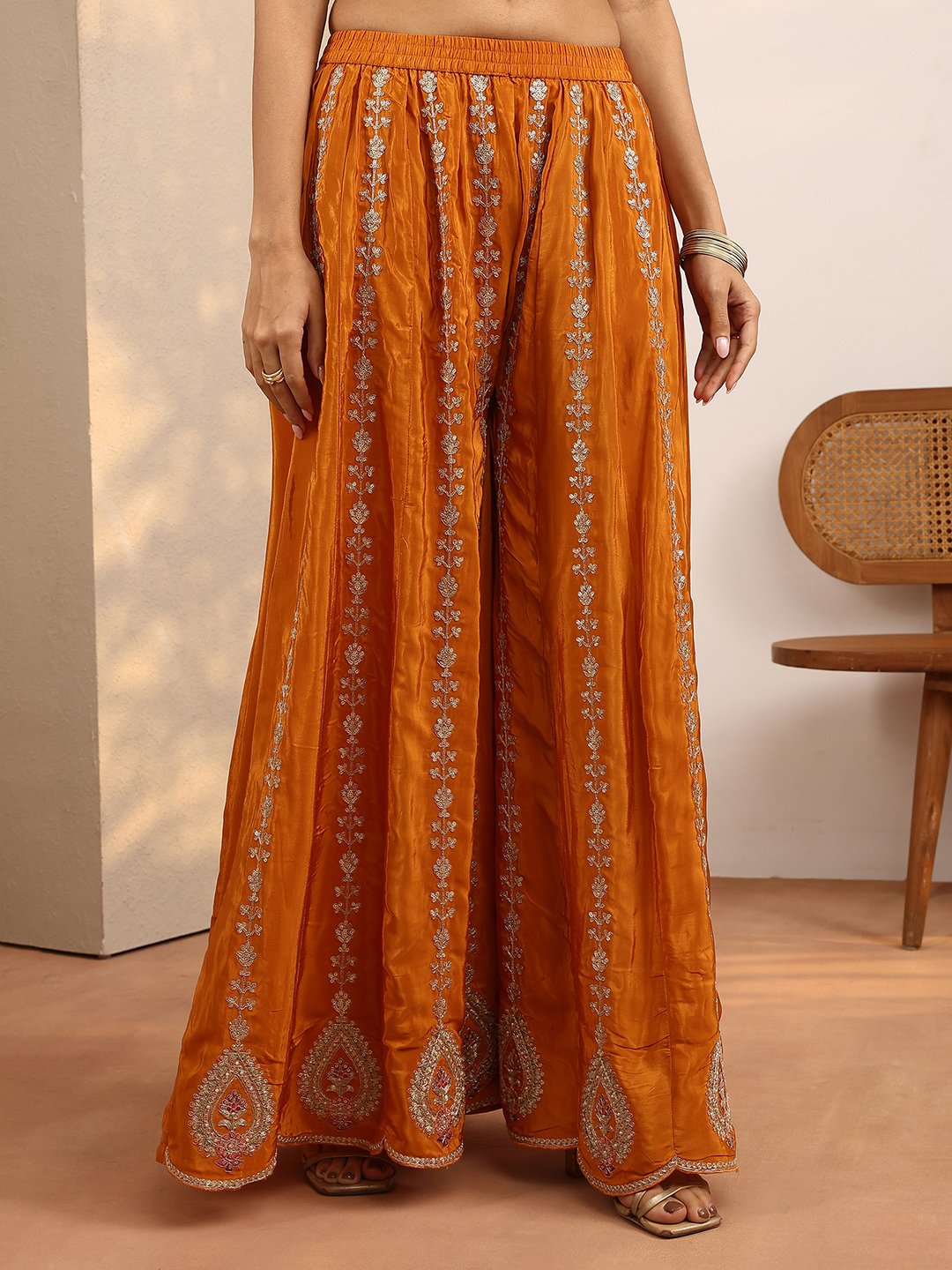 Orange Embroidered Crepe Kurta Set with Straight Trousers and Floral Dupatta