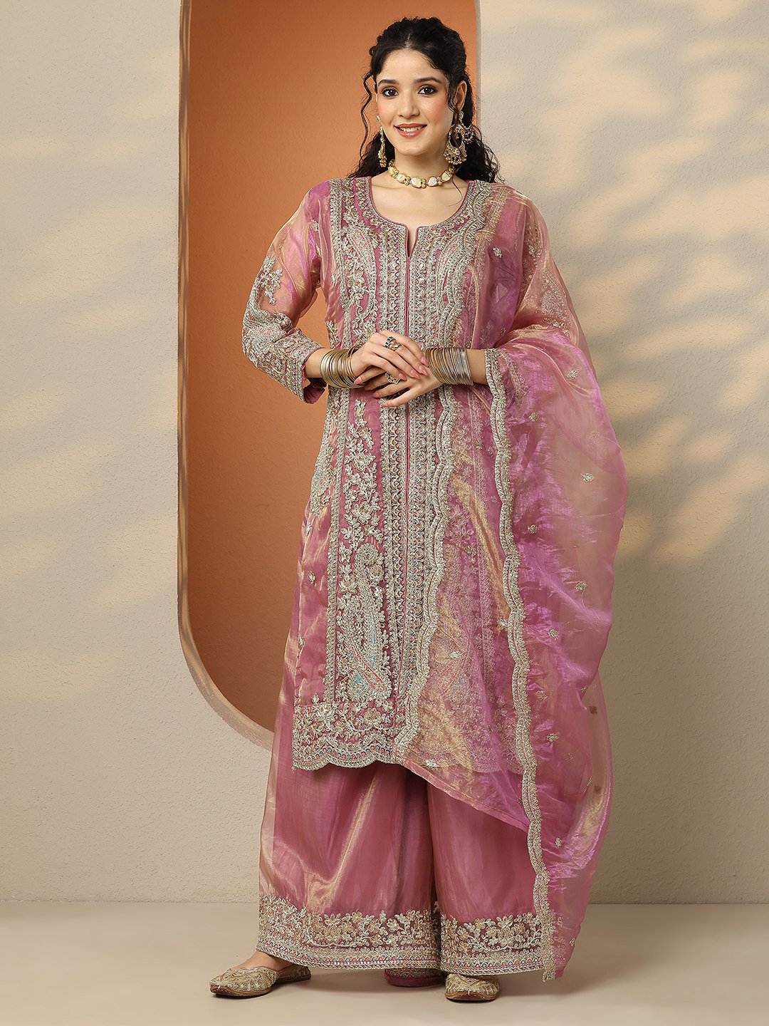 Pink Embroidered Organza Kurta Set with Flared Palazzo and Dupatta