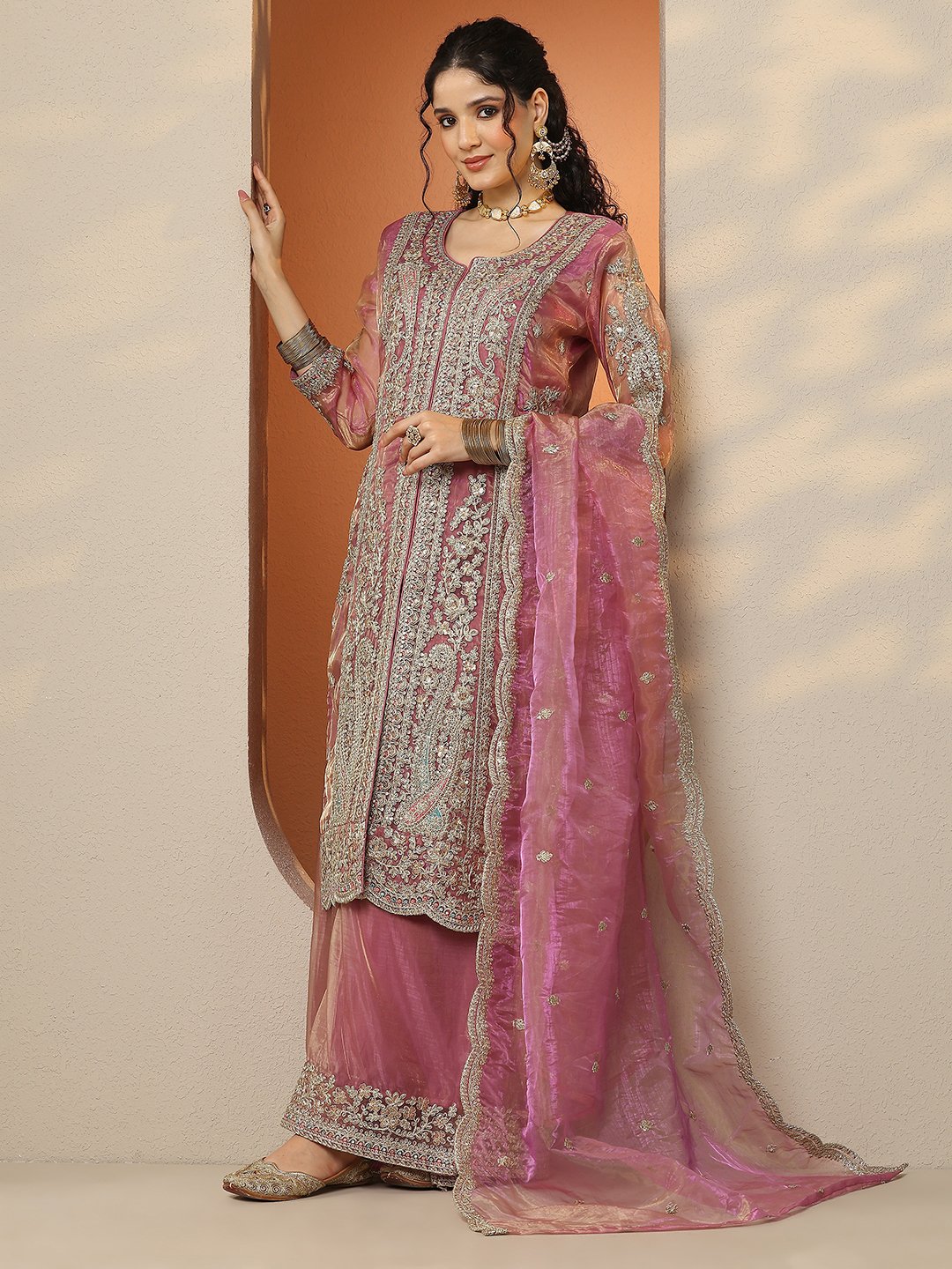 Pink Embroidered Organza Kurta Set with Flared Palazzo and Dupatta