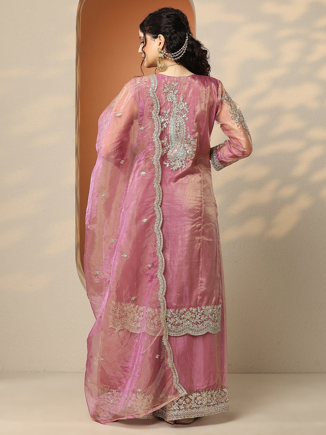 Pink Embroidered Organza Kurta Set with Flared Palazzo and Dupatta